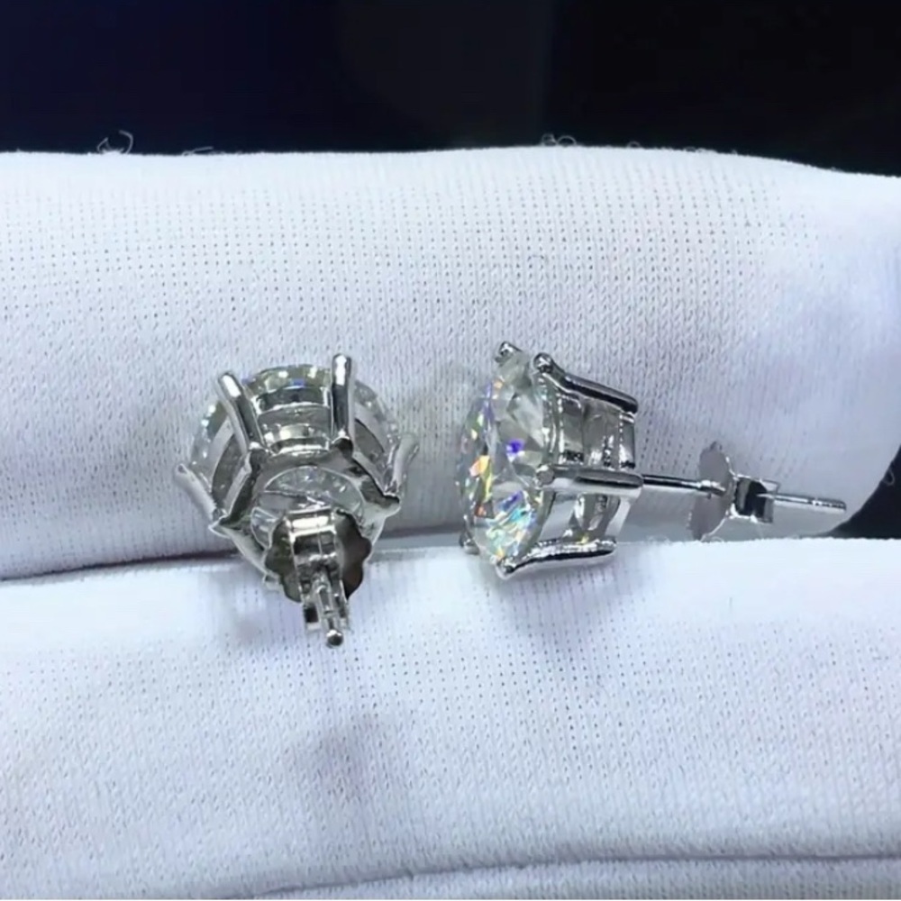 Moissanite Sparkling Silver  Stud Earrings with Gemstones - Picture 3 of 7